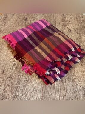 Echo New York Wool Blend Plaid Scarf Fringe Wrap Shawl Pink Purple Red